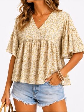 Love Riche Cream and Mustard Floral V-Neck Flutter Sleeve Tunic